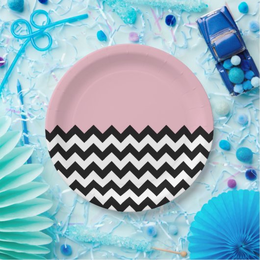 Schwarz-Weiß-Zigzag-Muster, Zickzack, rosa Pappteller (Party)