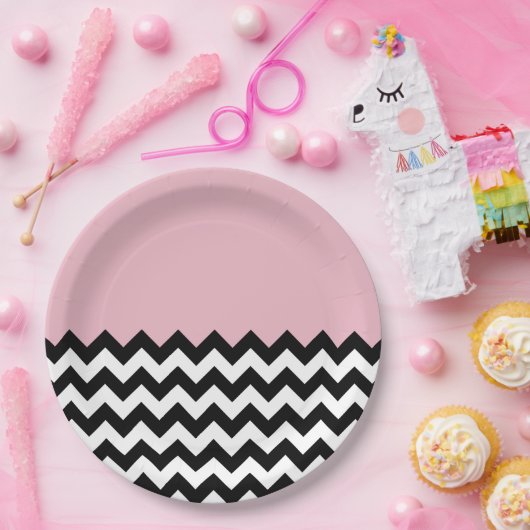 Schwarz-Weiß-Zigzag-Muster, Zickzack, rosa Pappteller (Party)