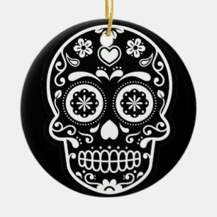 Schwarz-Weiß-Zucker-Schädel-Herz-Ornament Runde Keramik Ornament