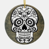 Schwarz-Weiß-Zucker-Schädelschiefer-Ornament Runde Keramik Ornament (Vorne)