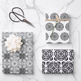 Schwarz-weiße abstrakte Fliesen Geschenkpapier Set