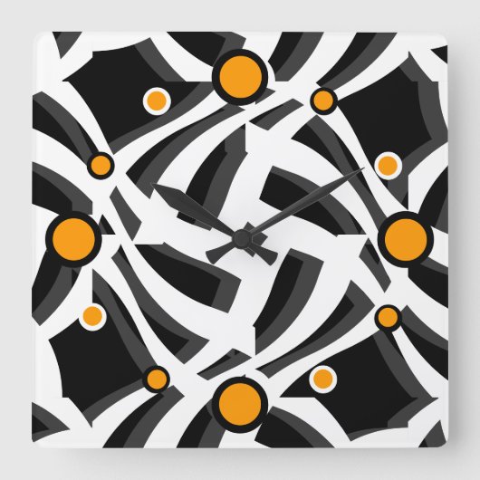 Schwarz-weiße Abstrakte Orange Wall Clock Quadratische Wanduhr (Vorderseite)