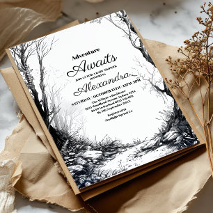 Schwarz-weiße Adventure Mountain Baby-Dusche Einladung