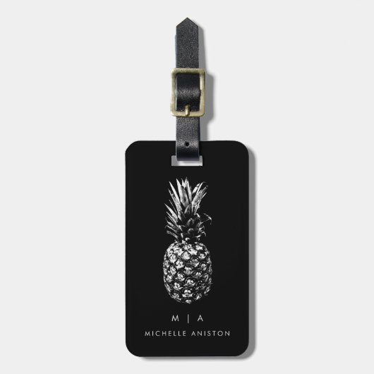 Schwarz-weiße Ananas | Monogramm Custom Gepäckanhänger (Vorderseite vertikal)