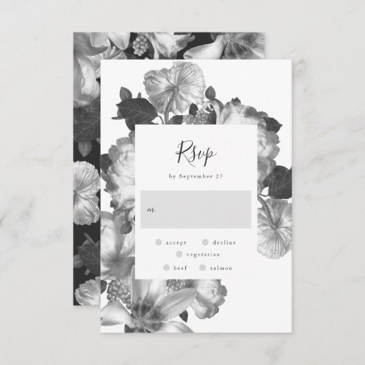 Schwarz-weiße antike Vintage Blumenhochzeit RSVP Karte (Vorne/Hinten)