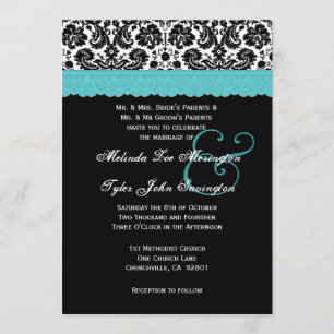 Schwarz-weiße Aqua Lace Blume Damask Wedding V21 Einladung