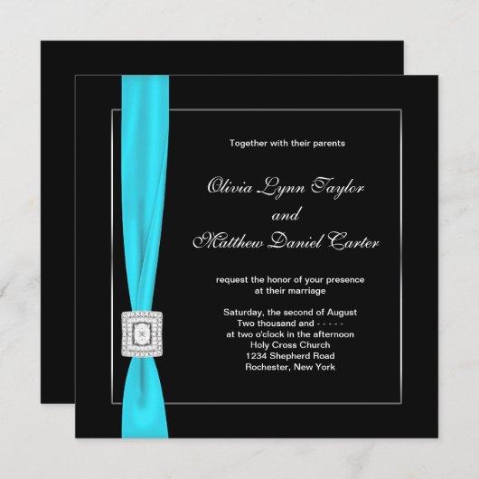Schwarz-weiße Aquamarine Blue Aquamarin Bow-Hochze Einladung (Vorne/Hinten)