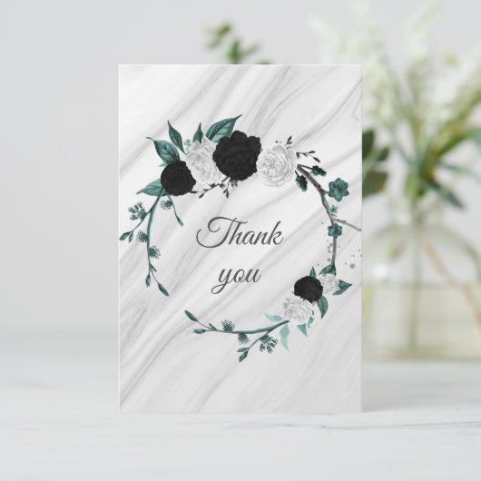 Schwarz-weiße aquamarine Blumen botanischer Marmor Dankeskarte (Stehend Vorderseite)