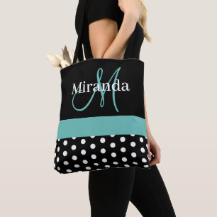 Schwarz-weiße Aquamarine Green Monogram Script Po Tasche