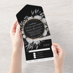 Schwarz-Weiße Aquarell-Blumenhochzeit All In One Einladung