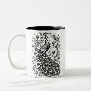 Schwarz-weiße Art Nouveau-Pfau-Illustration Zweifarbige Tasse