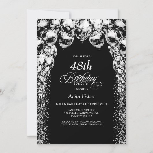 Schwarz-weiße Ballons aller Altersklassen Geburtst Einladung (Vorderseite)