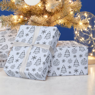 Schwarz-Weiße Bäume Schneeflocken Blaues Weihnacht Geschenkpapier