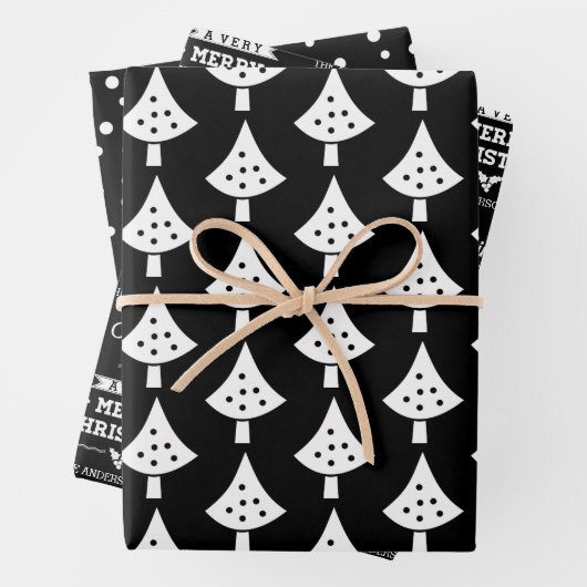 Schwarz-weiße Bäume, Schneeflocken und Wünsche Wei Geschenkpapier Set (Beispiel)