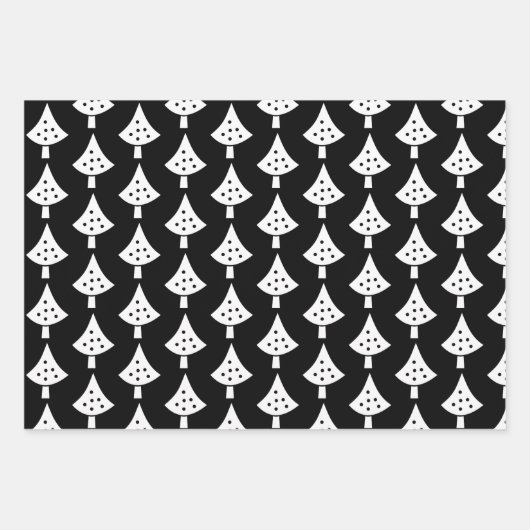 Schwarz-weiße Bäume, Schneeflocken und Wünsche Wei Geschenkpapier Set (Vorderseite)