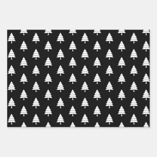 Schwarz-weiße Bäume, Sterne Frohe Weihnachten Urla Geschenkpapier Set (Vorderseite)