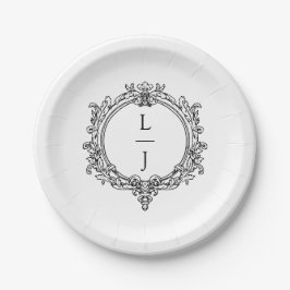 schwarz-weiße Blattwerk-Hochzeit Crest Pappteller