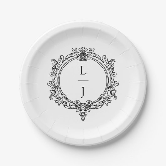 schwarz-weiße Blattwerk-Hochzeit Crest Pappteller (Vorderseite)
