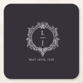 schwarz-weiße Blattwerk-Wappen-Hochzeit Rechteckiger Pappuntersetzer (Vorderseite)