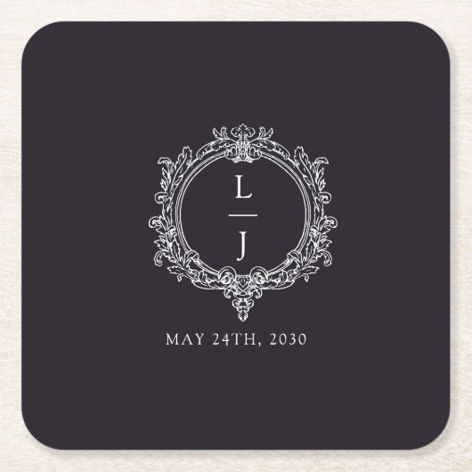 schwarz-weiße Blattwerk-Wappen-Hochzeit Rechteckiger Pappuntersetzer (Vorderseite)