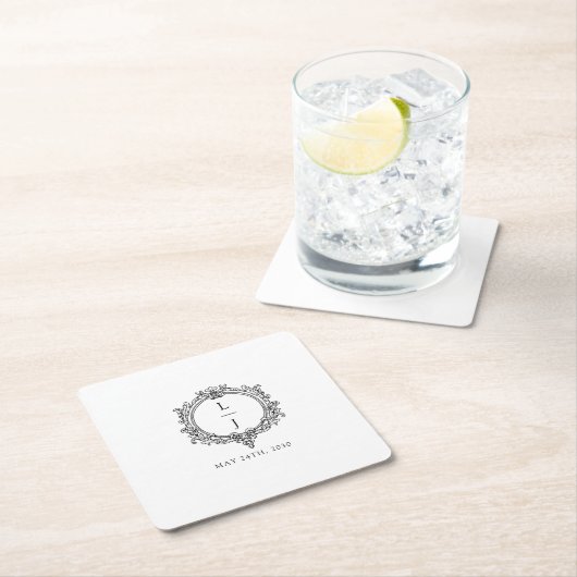 schwarz-weiße Blattwerk-Wappen-Hochzeit Rechteckiger Pappuntersetzer (Vor Ort)