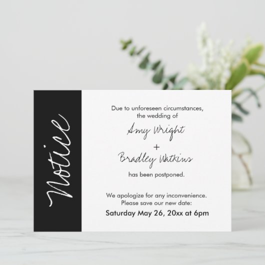 Schwarz-weiße Blockkarte "Hinweis" Zurückgestellte Einladung (Stehend Vorderseite)