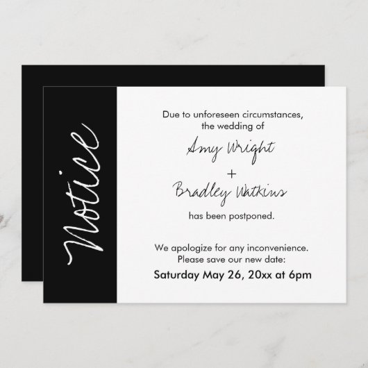 Schwarz-weiße Blockkarte "Hinweis" Zurückgestellte Einladung (Vorne/Hinten)