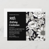 Schwarz-weiße Blume Frauen zum 90. Geburtstag Einladungspostkarte (Vorne/Hinten)