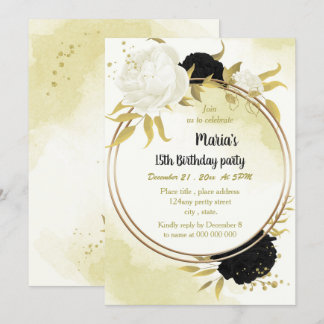 Schwarz-weiße Blume Gold Blätter Geburtstag Einladung