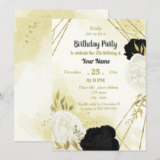 Schwarz-weiße Blume Gold Blätter Geburtstag Einladung