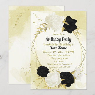 Schwarz-weiße Blume Gold Blätter Geburtstag Einladung