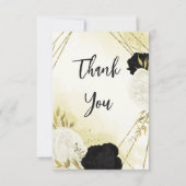 Schwarz-weiße Blume Gold Blätter Hochzeit Dankeskarte (Vorderseite)