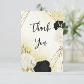 Schwarz-weiße Blume Gold Blätter Hochzeit Dankeskarte (Stehend Vorderseite)