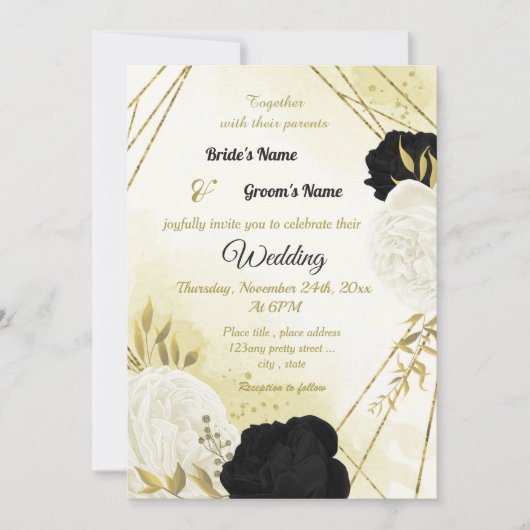 Schwarz-weiße Blume Gold Blätter Hochzeit Einladung (Vorderseite)