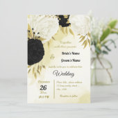 Schwarz-weiße Blume Gold Blätter Hochzeit Einladung (Stehend Vorderseite)