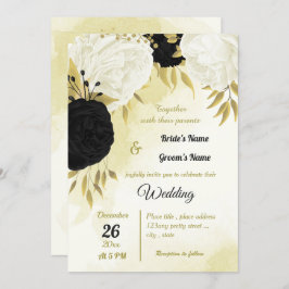 Schwarz-weiße Blume Gold Blätter Hochzeit Einladung