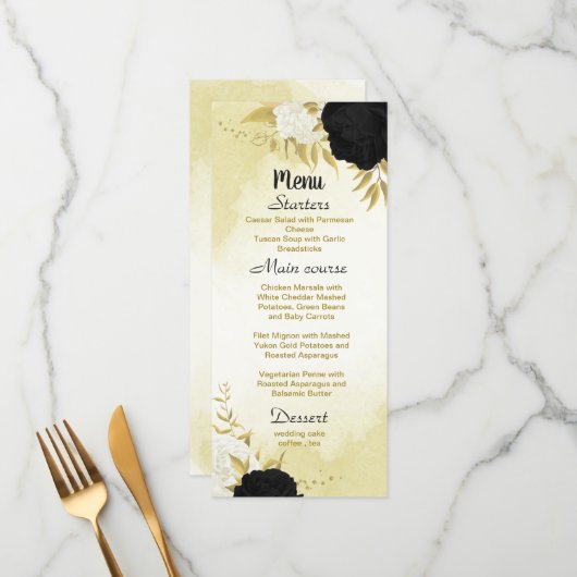 Schwarz-weiße Blume Gold Blätter Hochzeit Menükarte (Vorderseite/Rückseite Beispiel)