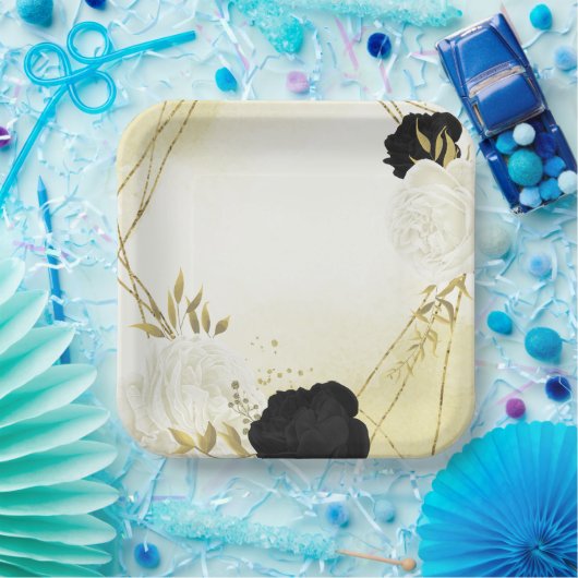 Schwarz-weiße Blume Gold Blätter Hochzeit Pappteller (Party)