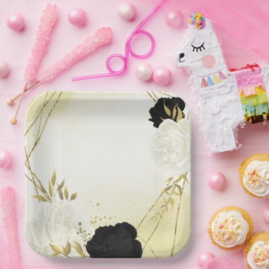 Schwarz-weiße Blume Gold Blätter Hochzeit Pappteller (Party)