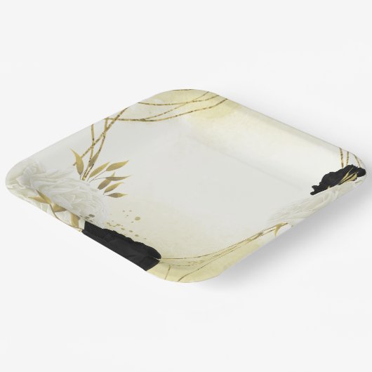 Schwarz-weiße Blume Gold Blätter Hochzeit Pappteller (Gewinkelt)