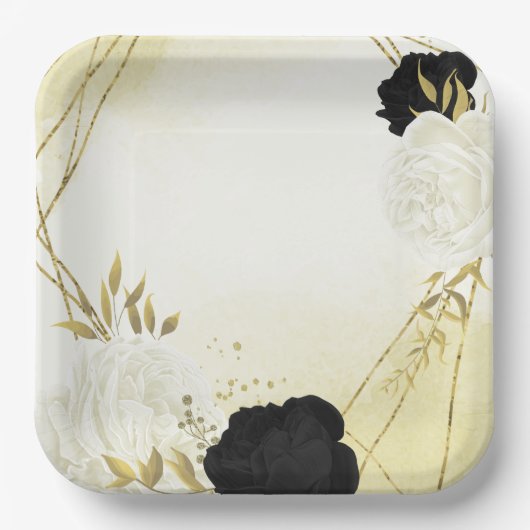 Schwarz-weiße Blume Gold Blätter Hochzeit Pappteller (Vorderseite)