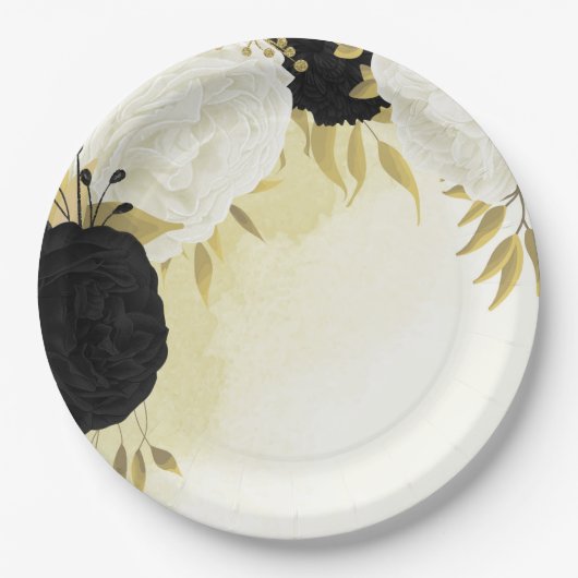 Schwarz-weiße Blume Gold Blätter Hochzeit Pappteller (Vorderseite)