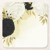 Schwarz-weiße Blume Gold Blätter Hochzeit Rechteckiger Pappuntersetzer (Vorderseite)