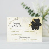 Schwarz-weiße Blume Gold Blätter RSVP Karte (Stehend Vorderseite)