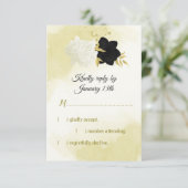 Schwarz-weiße Blume Gold Blätter RSVP Karte (Stehend Vorderseite)