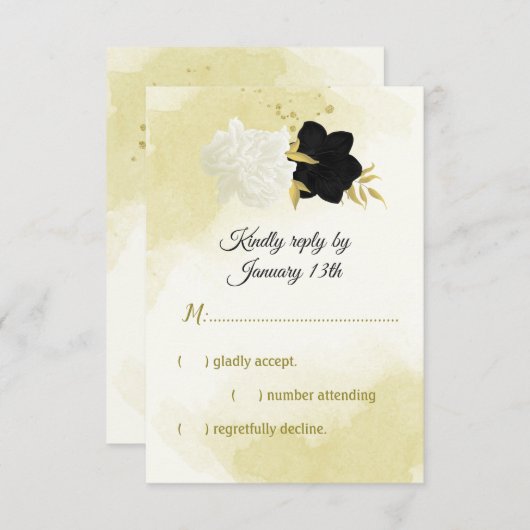 Schwarz-weiße Blume Gold Blätter RSVP Karte (Vorne/Hinten)