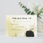 Schwarz-weiße Blume Gold Blätter RSVP Karte (Stehend Vorderseite)