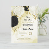Schwarz-weiße Blume Gold Blätter Save The Date (Stehend Vorderseite)