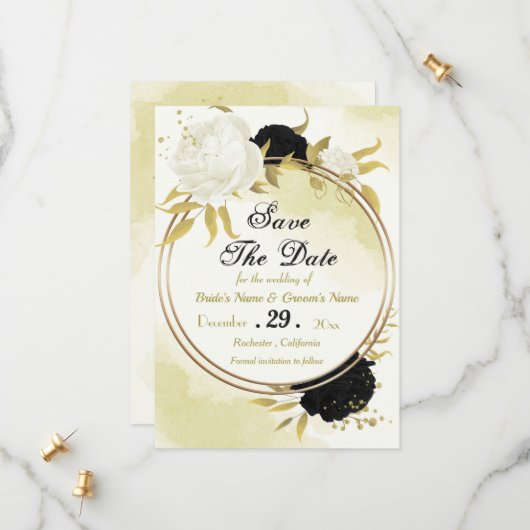 Schwarz-weiße Blume Gold Blätter Save The Date (Vorderseite/Rückseite Beispiel)