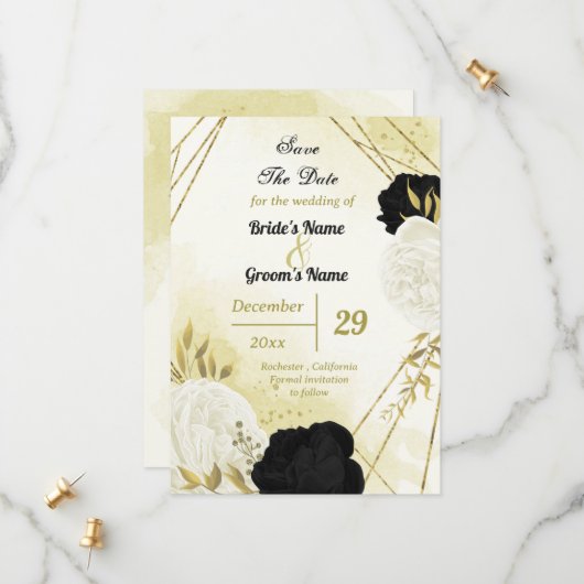 Schwarz-weiße Blume Gold Blätter Save The Date (Vorderseite/Rückseite Beispiel)